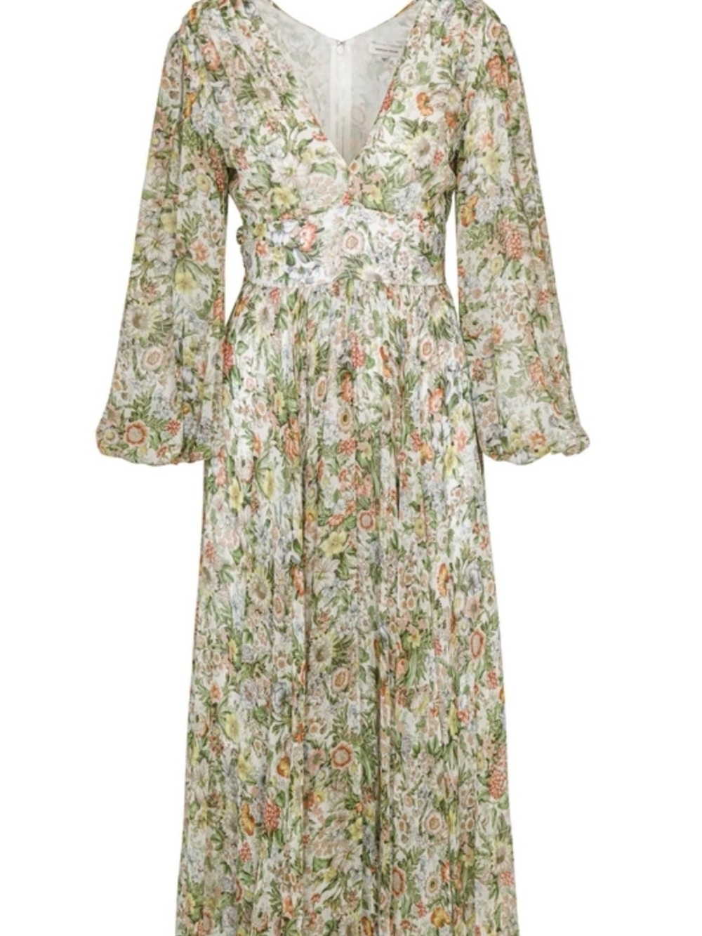 Rebecca Taylor Green, Cream and Pink Floral V‑Neck Midi Dress